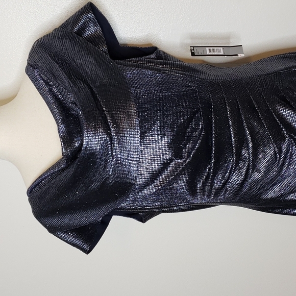 NEW Tahari ASL Navy Blue Metallic Sequin Ruch Cowl Neck Dress Elegant Castlecore - Picture 4 of 14